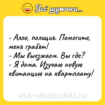 Шутка: - Алло, полиция. Помогите, меня грабят!<br>- Мы выезжаем. Вы где?<br>- Я дома. Изучаю новую квитанцию на квартплату!