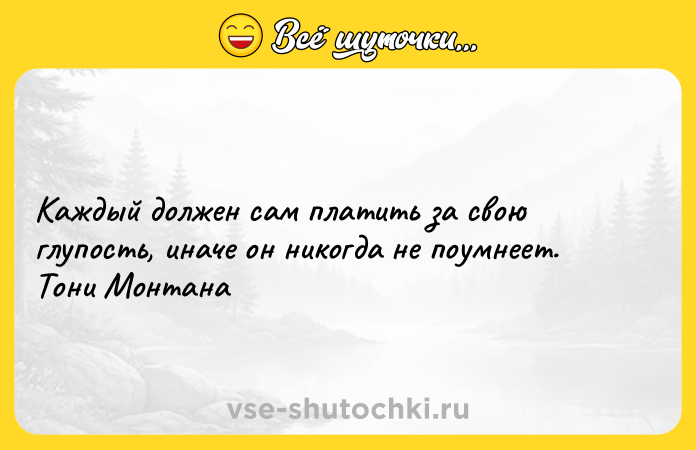 Цитата: Каждый должен сам платить за свою глупость, иначе он никогда не поумнеет.Тони Монтана