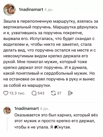 Шок! Поручень ушел вместе с мужиком 😱😂 - Зашла в переполненную маршрутку, взялась за вертикальный поручень. Маршрутка дернулась