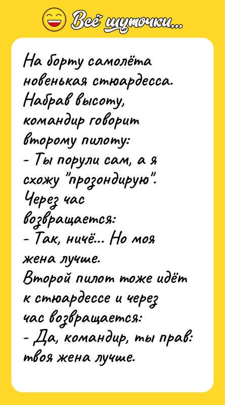 На борту самолёта новенькая стюардесса. Набрав высоту, командир говорит второму