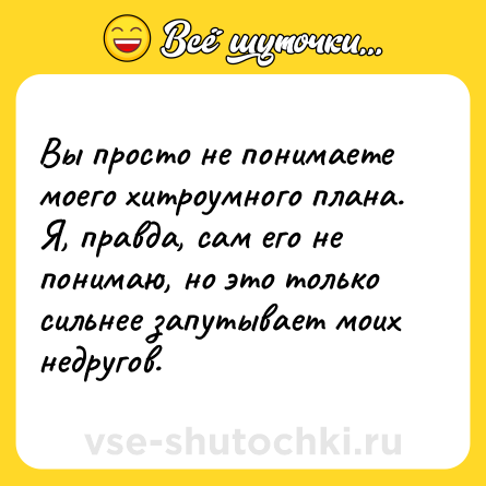 Шутка: Вы просто не понимаете моего хитроумного плана. Я, правда, сам его не понимаю, но это только сильнее запутывает моих недругов.