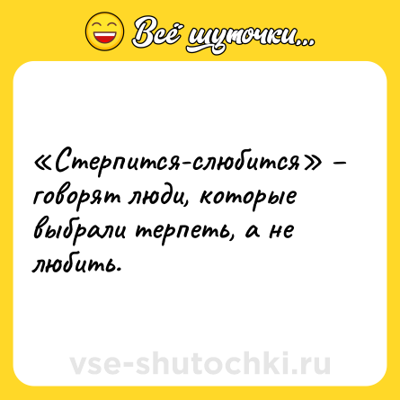 Шутка: «Стерпится-слюбится» – говорят люди, которые выбрали терпеть, а не любить.