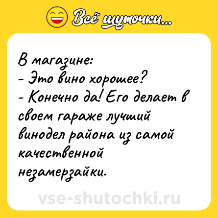 Шутка: В магазине:<br>- Это вино хорошее?<br>- Конечно да! Его делает в своем гараже лучший винодел района из самой качественной незамерзайки.