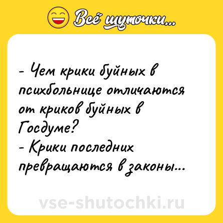Шутка: - Чем крики буйных в психбольнице отличаются от криков буйных в Госдуме?<br>- Крики последних превращаются в законы...