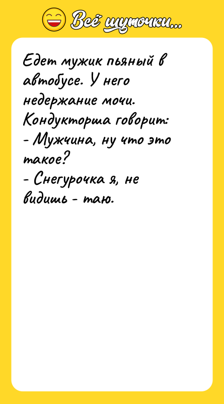 Едет мужик пьяный в автобусе. У него недержание мочи. Кондукторша