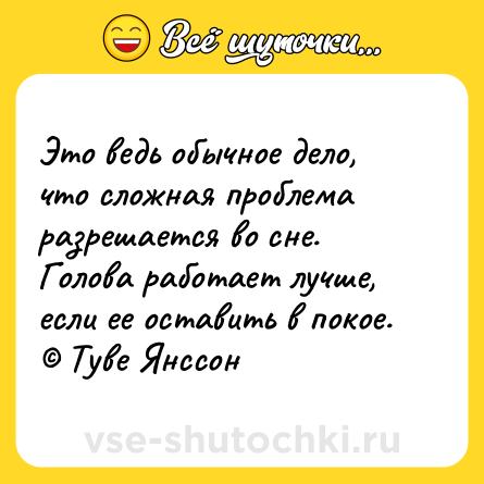 Шутка: Это ведь обычное дело, что сложная проблема разрешается во сне. Голова работает лучше, если ее оставить в покое. © Туве Янссон