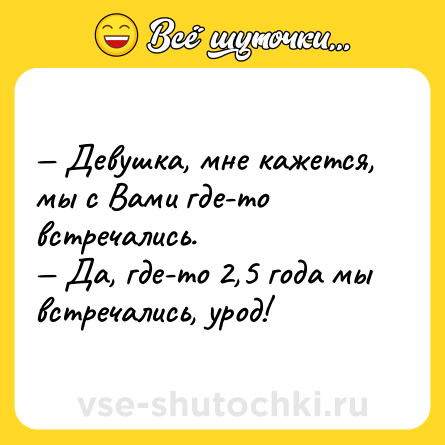 Шутка: — Девушка, мне кажется, мы с Вами где-то встречались. <br>— Да, где-то 2,5 года мы встречались, урод!