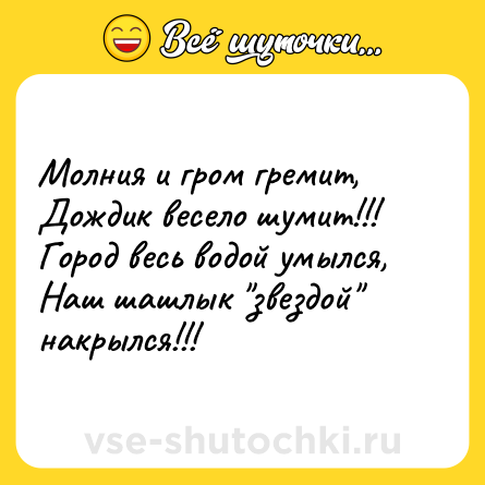 Шутка: Молния и гром гремит,<br>Дождик весело шумит!!!<br>Город весь водой умылся,<br>Наш шашлык 
