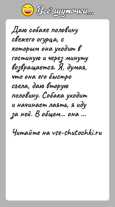 История: Даю собаке половину свежего огурца, с которым она уходит в гостиную и через минуту возвращается. Я, думая, что она его