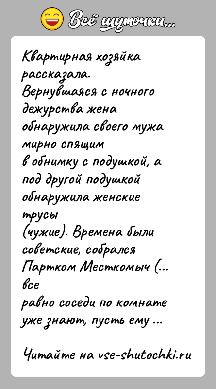 История: Квартирная хозяйка рассказала.Вернувшаяся с ночного дежурства жена обнаружила своего мужа мирно спящимв обнимку с подушкой, а под другой подушкой обнаружила