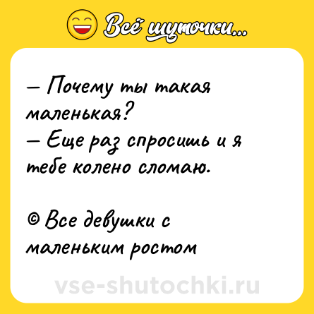 Шутка: — Почему ты такая маленькая?<br>— Еще раз спросишь и я тебе колено сломаю. <br><br>© Все девушки с маленьким ростом