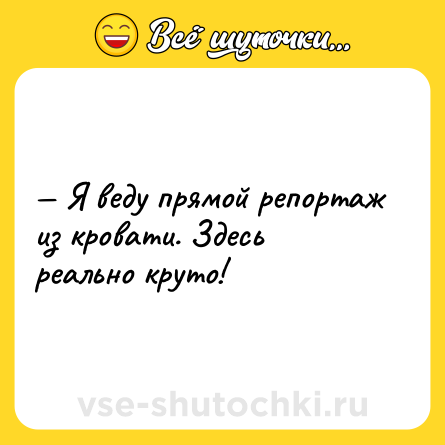 Шутка: — Я веду прямой репортаж из кровати. Здесь реально круто!