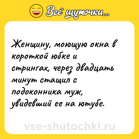 Шутка: Женщину, моющую окна в короткой юбке и стрингах, через двадцать минут стащил с подоконника муж, увидевший ее на ютубе.