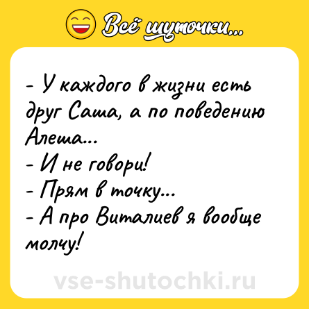Шутка: - У каждого в жизни есть друг Саша, а по поведению Алеша...<br>- И не говори!<br>- Прям в точку...<br>- А про Виталиев я вообще молчу!