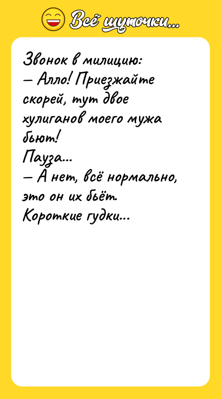 Звонок в милицию: Алло! Приезжайте скорей, тут двое хулиганов