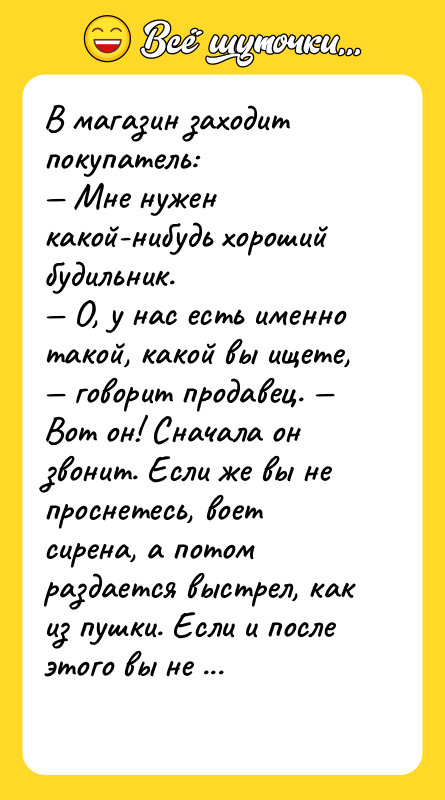 В магазин заходит покупатель: — Мне нужен какой-нибудь хороший будильник.