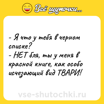 Шутка: - Я что у тебя в черном списке?<br>- НЕТ бля, ты у меня в красной книге, как особо исчезающий вид ТВАРИ!