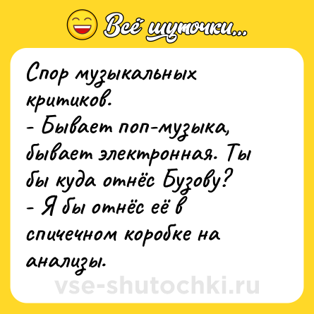 Шутка: Спор музыкальных критиков.<br>- Бывает поп-музыка, бывает электронная. Ты бы куда отнёс Бузову?<br>- Я бы отнёс её в спичечном коробке на анализы.