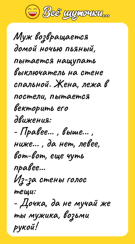 Муж возвращается домой ночью пьяный, пытается нащупать выключатель на стене