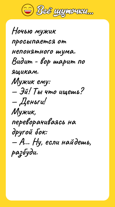 Ночью мужик просыпается от непонятного шума. Видит - вор шарит