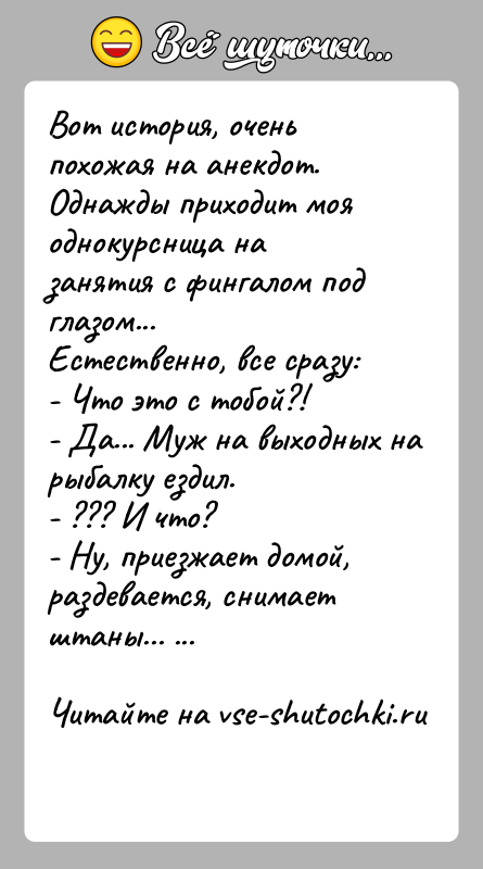 История: Вот история, очень похожая на анекдот.Однажды приходит моя однокурсница на занятия с фингалом под глазом...Естественно, все сразу:- Что это с