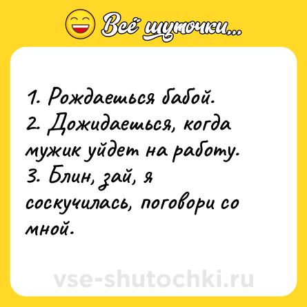 Шутка: 1. Рождаешься бабой.<br>2. Дожидаешься, когда мужик уйдет на работу.<br>3. Блин, зай, я соскучилась, поговори со мной.