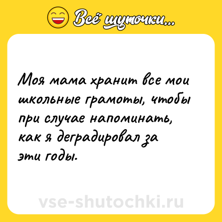 Шутка: Моя мама хранит все мои школьные грамоты, чтобы при случае напоминать, как я деградировал за эти годы.