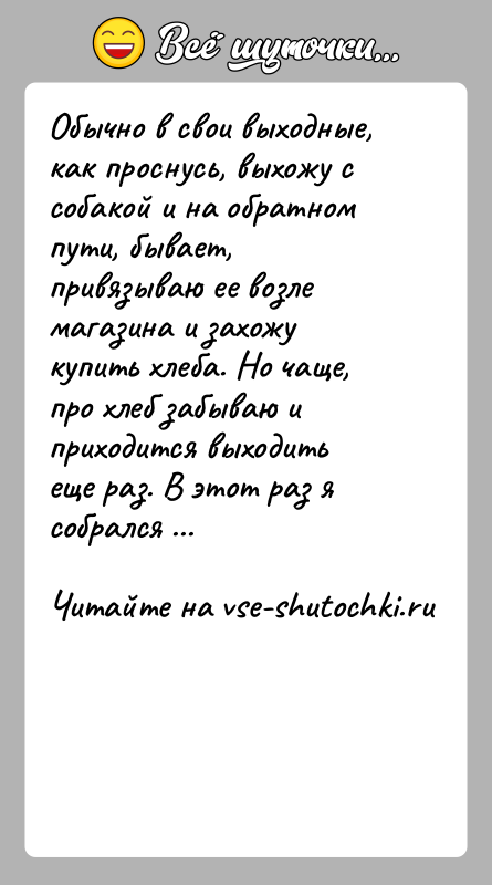 История: Обычно в свои выходные, как проснусь, выхожу с собакой и на обратном пути, бывает, привязываю ее возле магазина и захожу