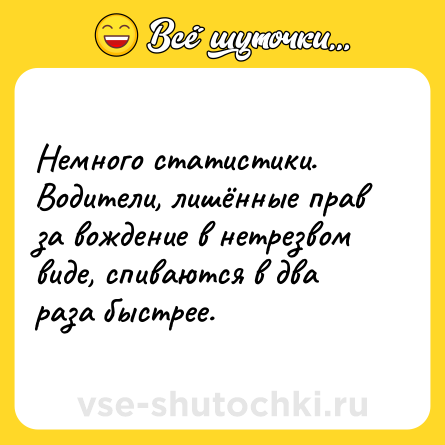 Шутка: Немного статистики. Водители, лишённые прав за вождение в нетрезвом виде, спиваются в два раза быстрее.