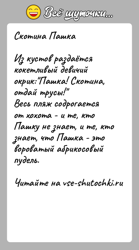 История: Скотина ПашкаИз кустов раздаётся кокетливый девичий окрик: Пашка! Скотина, отдай трусы! Весь пляж содрогается от хохота - и те, кто Пашку не