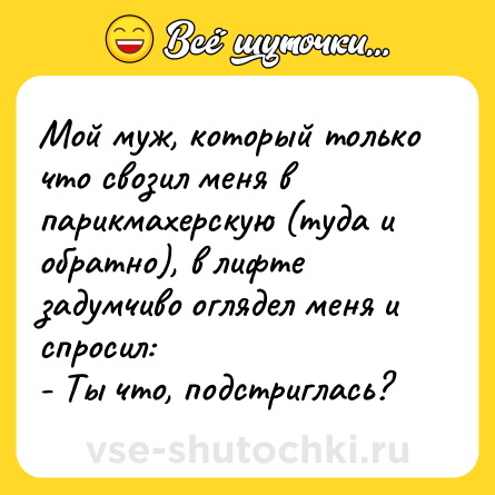 Шутка: Мой муж, который только что свозил меня в парикмахерскую (туда и обратно), в лифте задумчиво оглядел меня и спросил:<br>- Ты что, подстриглась?