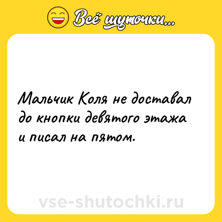 Шутка: Мальчик Коля не доставал до кнопки девятого этажа и писал на пятом.