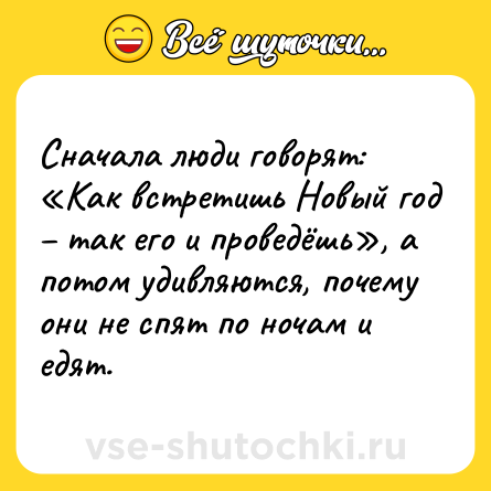 Шутка: Сначала люди говорят: «Как встретишь Новый год – так его и проведёшь», а потом удивляются, почему они не спят по ночам и едят.