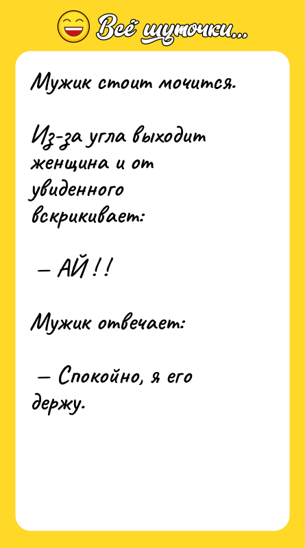Мужик стоит мочится.  Из-за угла выходит женщина и от