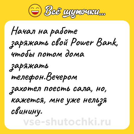 Шутка: Начал на работе заряжать свой Power Bank, чтобы потом дома заряжать телефон.Вечером захотел поесть сала, но, кажется, мне уже нельзя свинину.