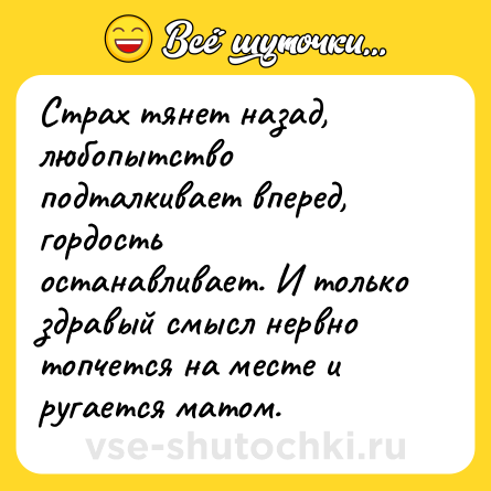 Шутка: Страх тянет назад, любопытство подталкивает вперед, гордость останавливает. И только здравый смысл нервно топчется на месте и ругается матом.