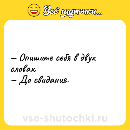 Шутка: — Опишите себя в двух словах.<br>— До свидания.