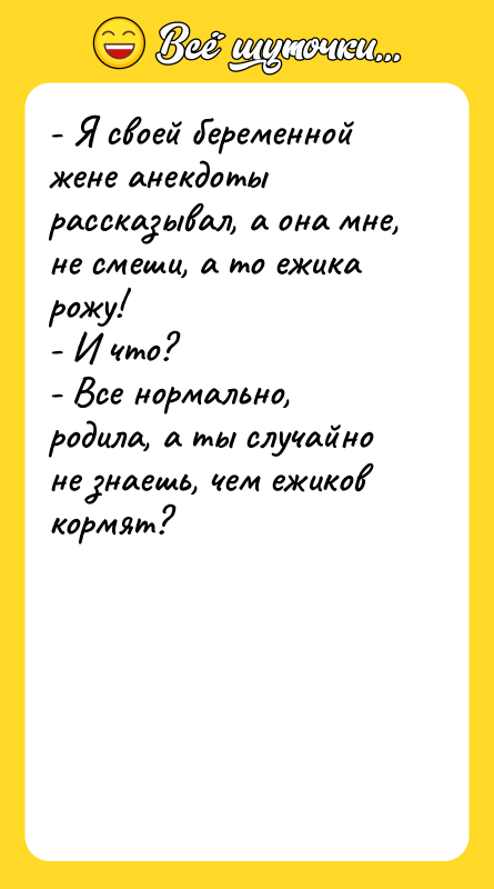 - Я своей беременной жене анекдоты рассказывал, а она мне,