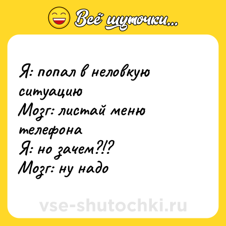 Шутка: Я: попал в неловкую ситуацию<br>Мозг: листай меню телефона<br>Я: но зачем?!?<br>Мозг: ну надо