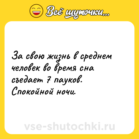 Шутка: За свою жизнь в среднем человек во время сна съедает 7 пауков. Спокойной ночи.