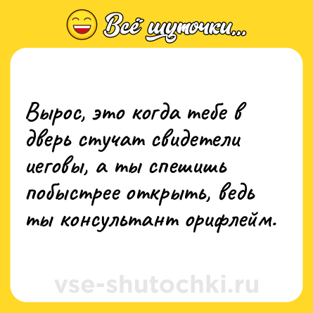 Шутка: Вырос, это когда тебе в дверь стучат свидетели иеговы, а ты спешишь побыстрее открыть, ведь ты консультант орифлейм.