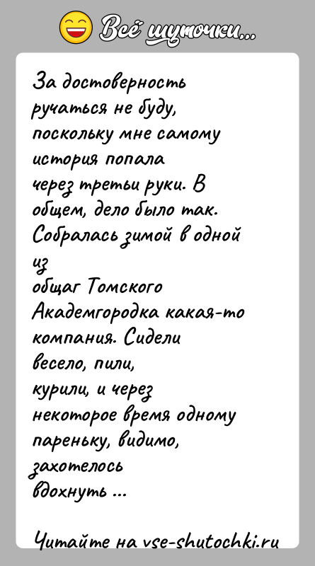 История: За достоверность ручаться не буду, поскольку мне самому история попалачерез третьи руки. В общем, дело было так. Собралась зимой в