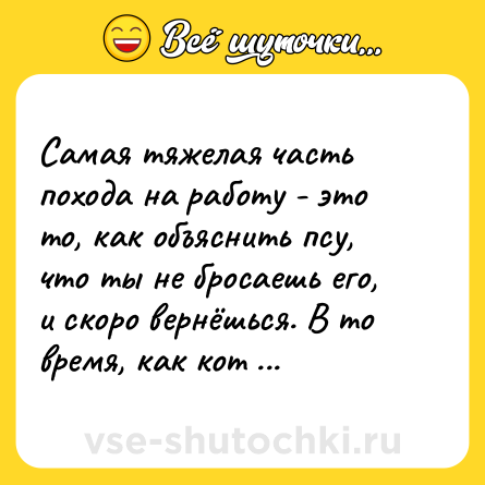 Шутка: Самая тяжелая часть похода на работу - это то, как объяснить псу, что ты не бросаешь его, и скоро вернёшься. В то время, как кот уже придумывает, как выписать тебя из квартиры.