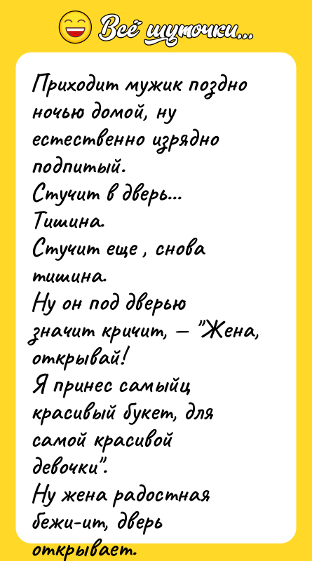 Приходит мужик поздно ночью домой, ну естественно изрядно подпитый. Стучит