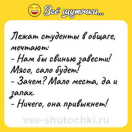 Шутка: Лежат студенты в общаге, мечтают:<br>- Нам бы свинью завести! Мясо, сало будет!<br>- Зачем? Мало места, да и запах.<br>- Ничего, она привыкнет!