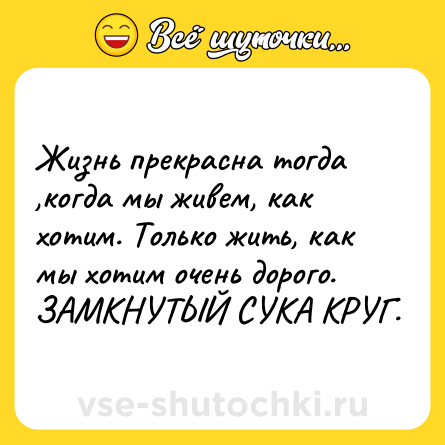 Шутка: Жизнь прекрасна тогда ,когда мы живем, как хотим. Только жить, как мы хотим очень дорого. ЗАМКНУТЫЙ СУКА КРУГ.