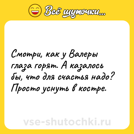 Шутка: Смотри, как у Валеры глаза горят. А казалось бы, что для счастья надо? Просто уснуть в костре.