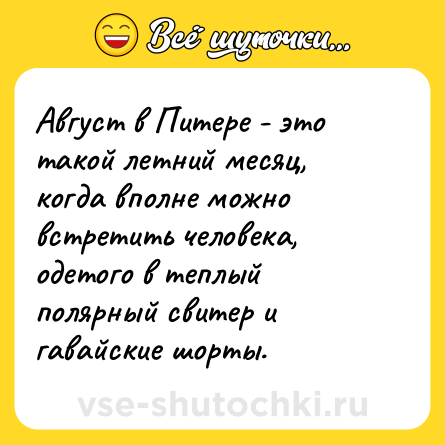Шутка: Август в Питере - это такой летний месяц, когда вполне можно встретить человека, одетого в теплый полярный свитер и гавайские шорты.