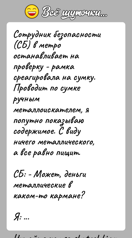 История: Сотрудник безопасности (СБ) в метро останавливает на проверку - рамка среагировала на сумку. Проводит по сумке ручным металлоискателем, я попутно
