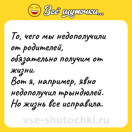 Шутка: То, чего мы недополучили от родителей, обязательно получим от жизни.<br>Вот я, например, явно недополучил трындюлей. Но жизнь все исправила.